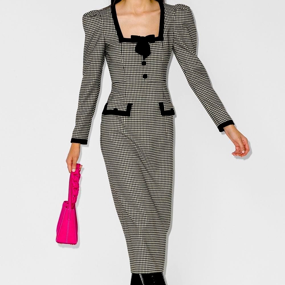 Alessandra Rich Velvet Gingham Wool Blend Dress